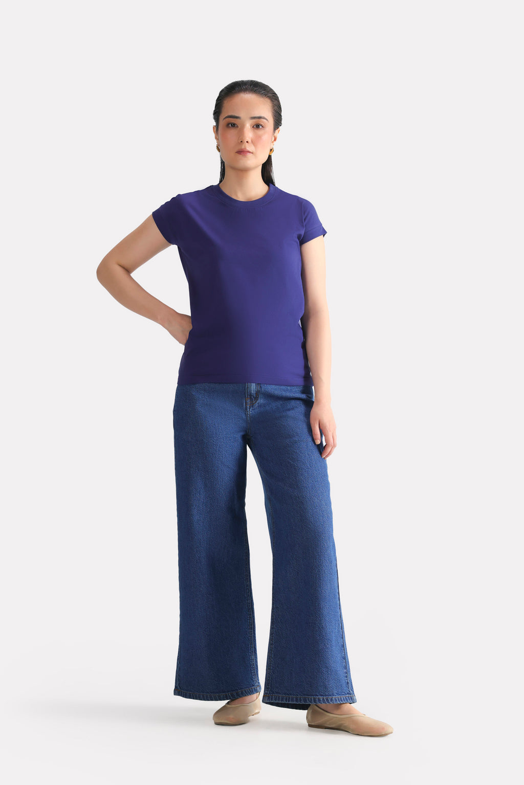 Navy cap sleeve t-shirt, alternate angle, by SOLA Pakistan.