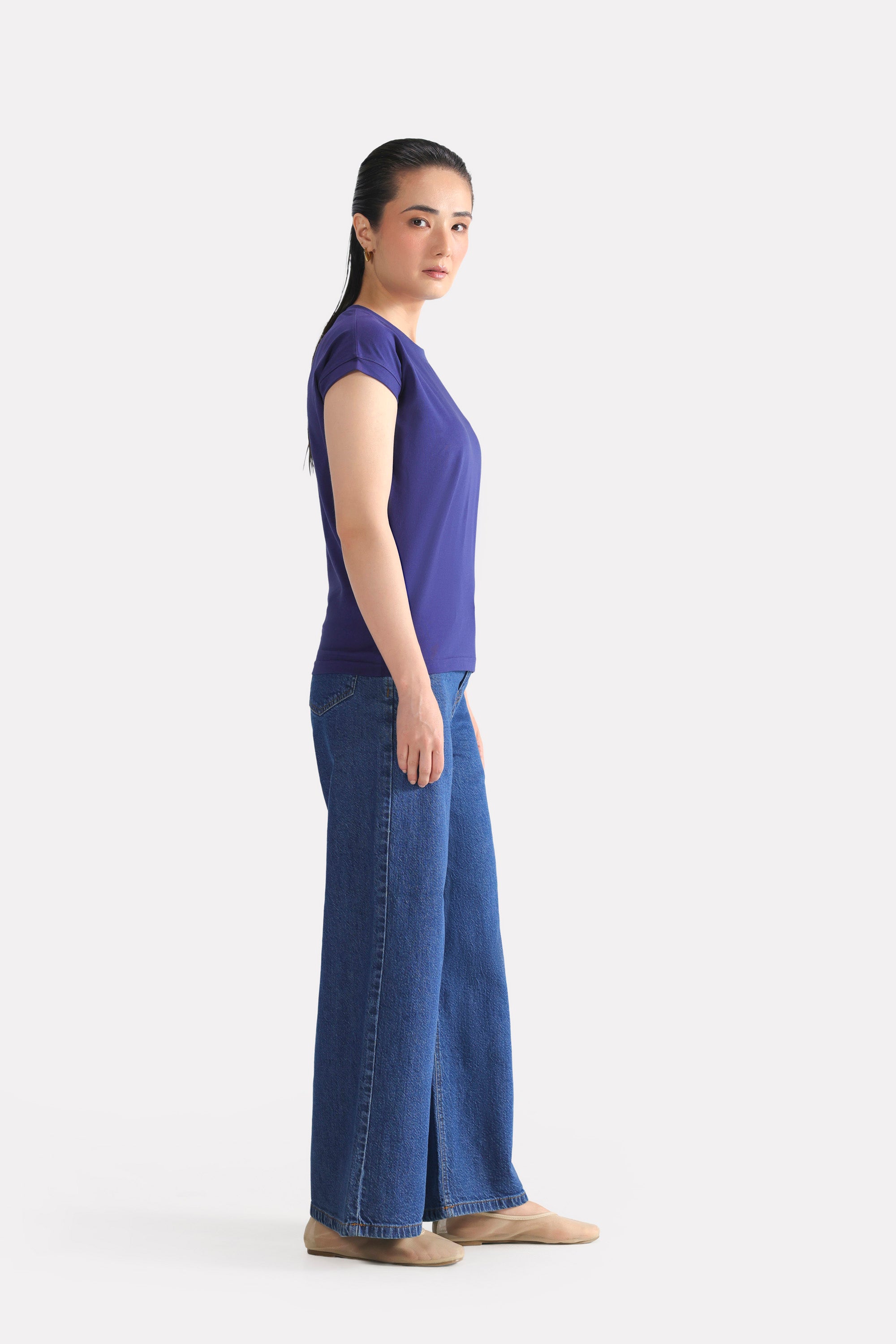 Navy cap sleeve t-shirt, full styled look, by SOLA Pakistan.