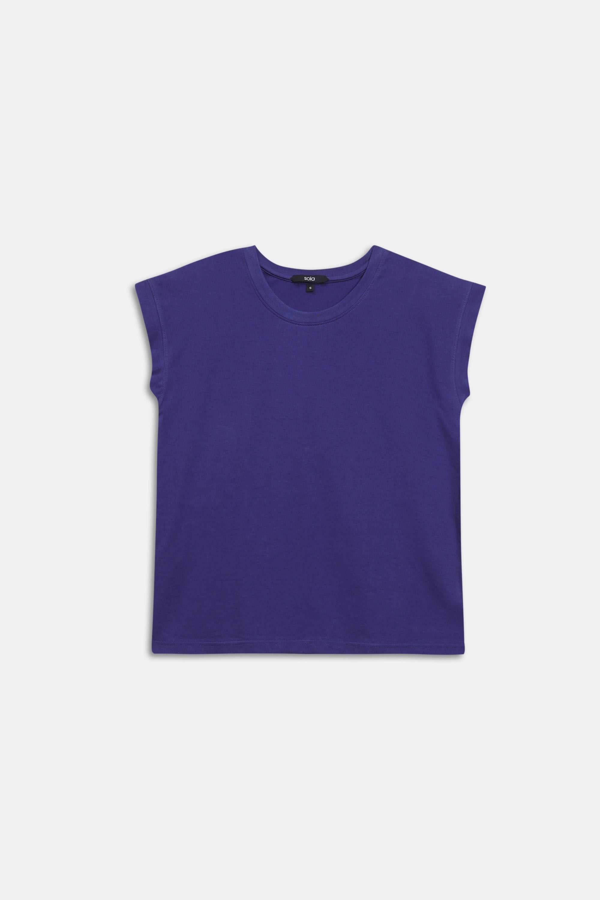 Navy cap sleeve t-shirt shown in a styled fit, by SOLA Pakistan.