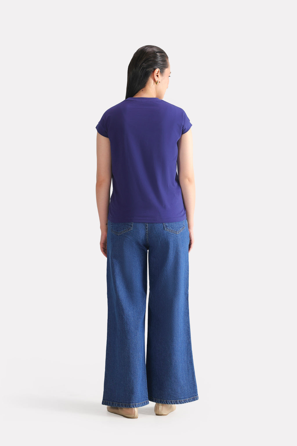 Texture and fabric detail, navy cap sleeve t-shirt, by SOLA Pakistan.