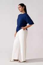 Navy round neck t-shirt, full styled look, by SOLA Pakistan.