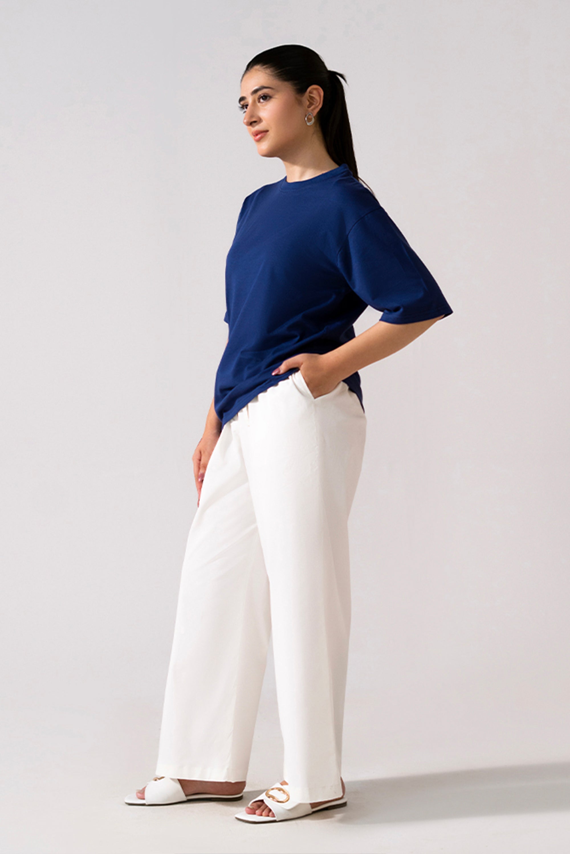 Navy round neck t-shirt, full styled look, by SOLA Pakistan.