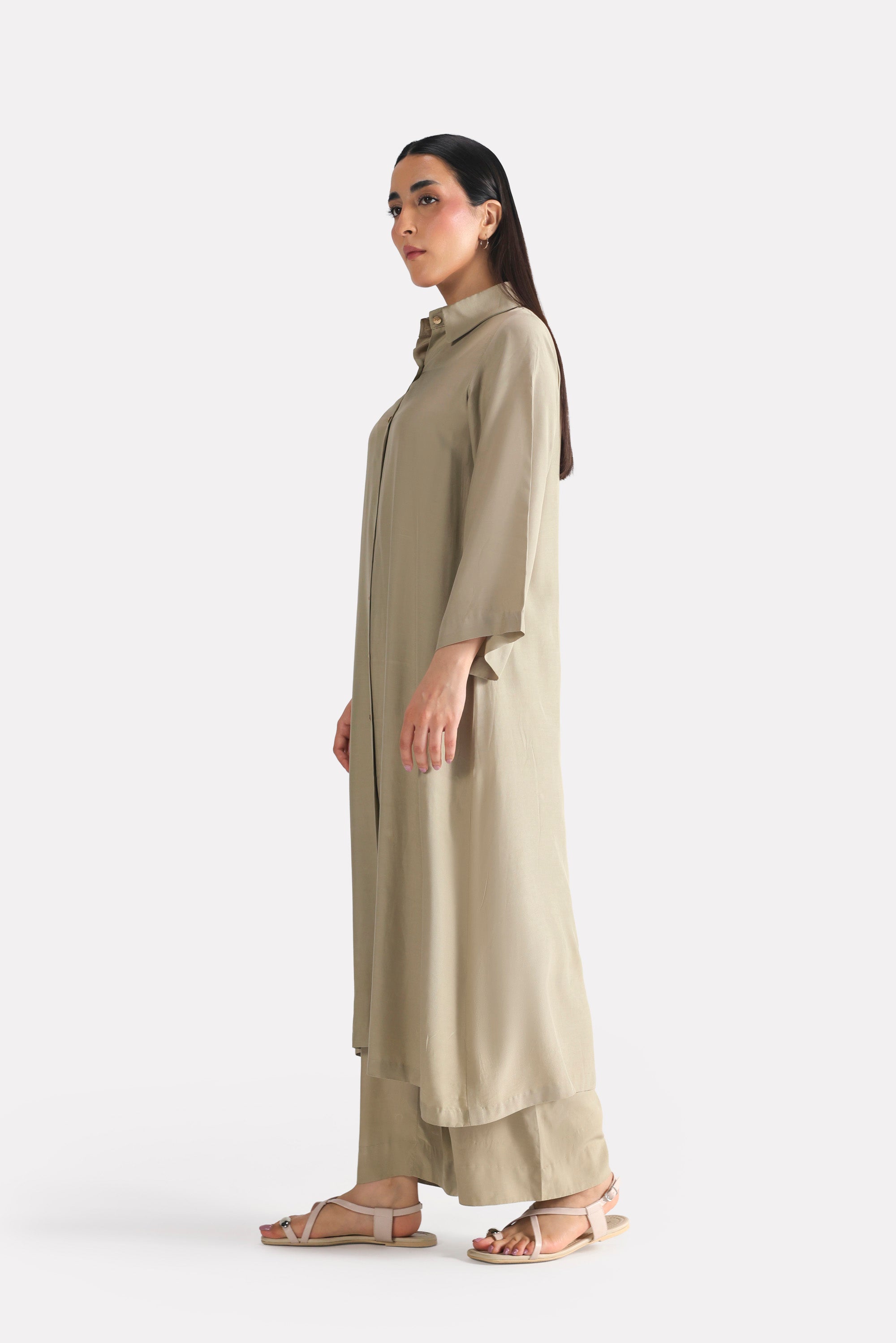 Olive button detail co-ord top, full styled look, by SOLA Pakistan.