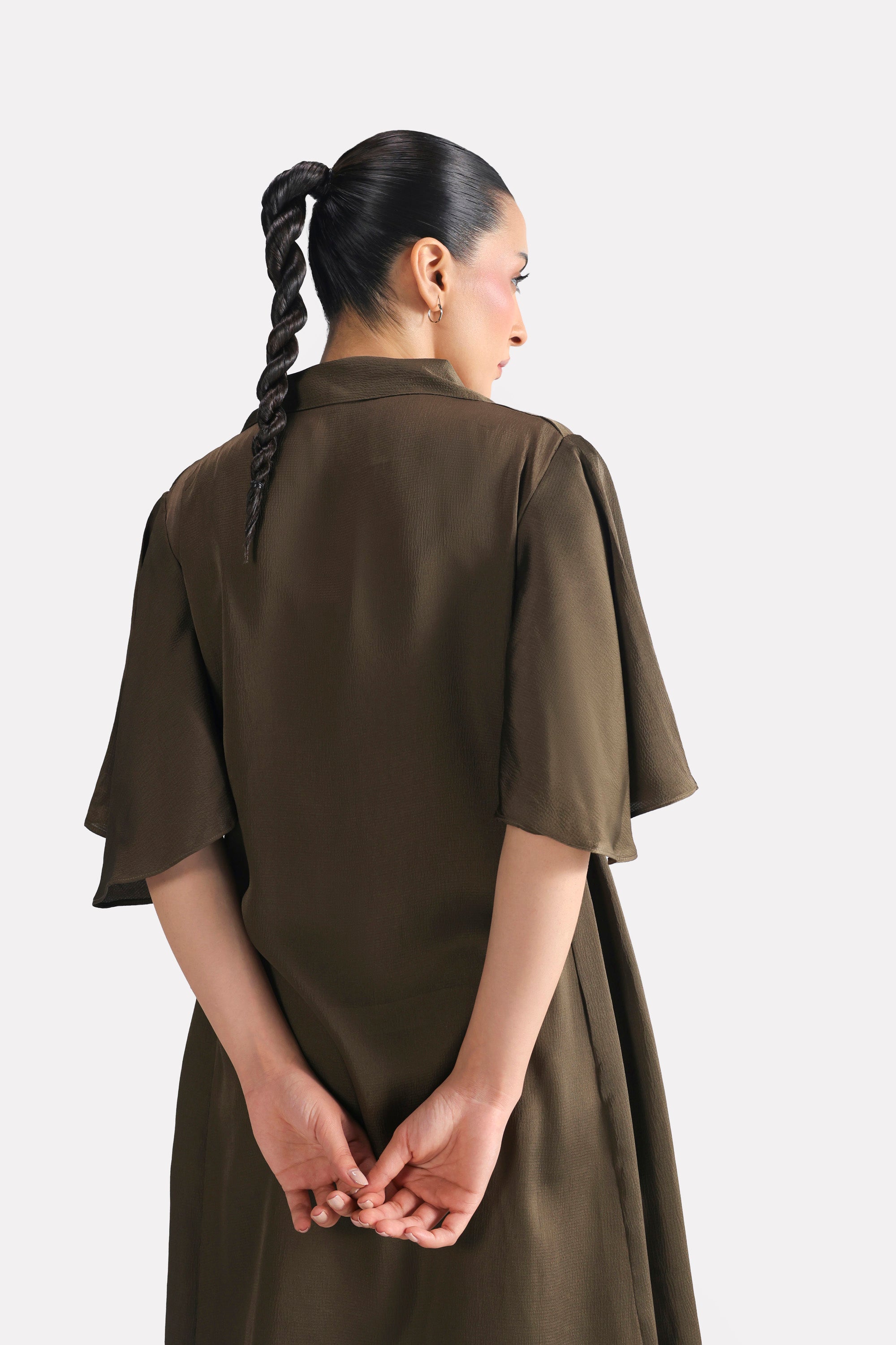Additional view of the olive green (deep olive) relaxed midi dress, by SOLA Pakistan.