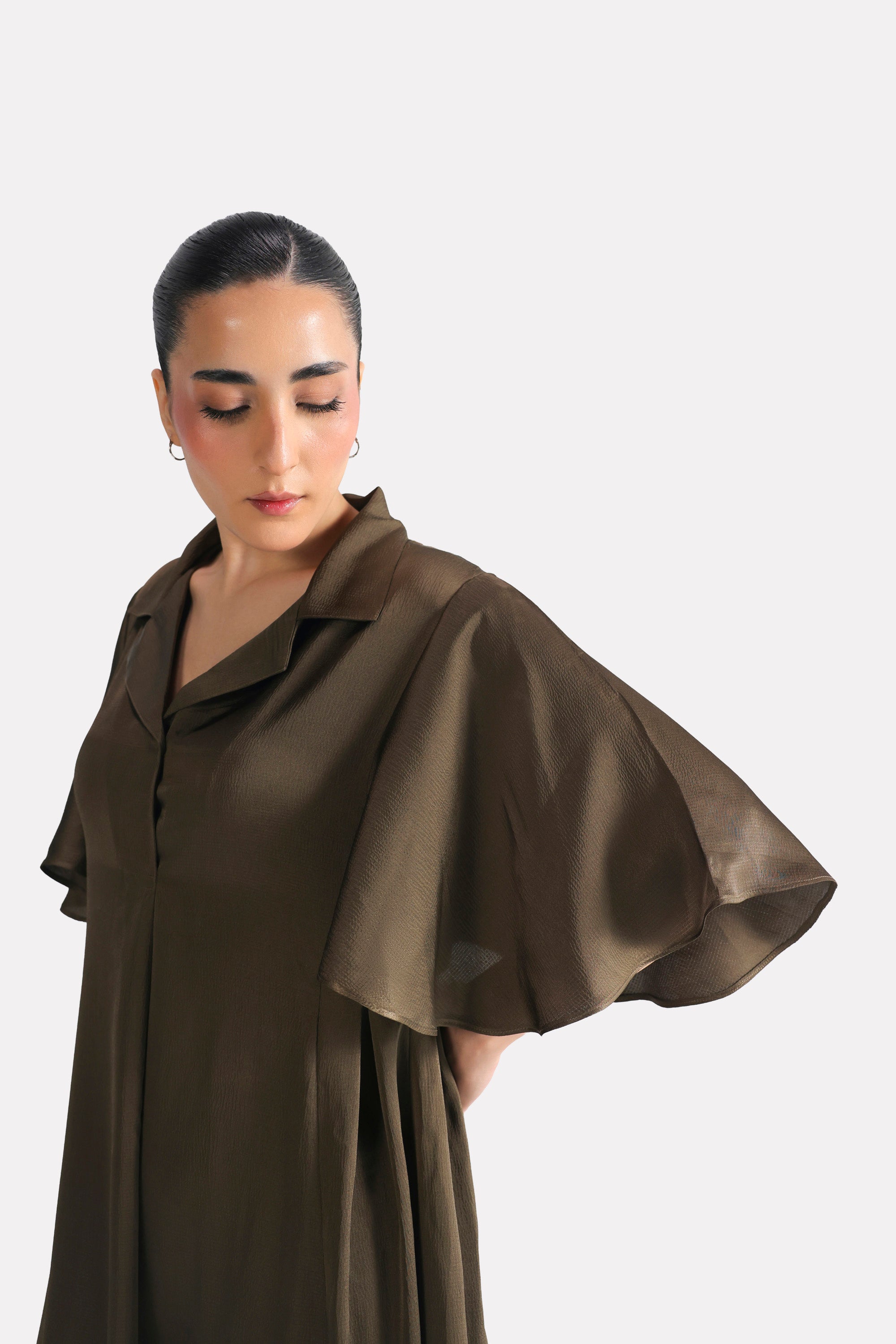 Olive green (deep olive) relaxed midi dress, alternate angle, by SOLA Pakistan.