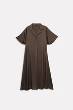 Close-up detail on the olive green (deep olive) relaxed midi dress, by SOLA Pakistan.