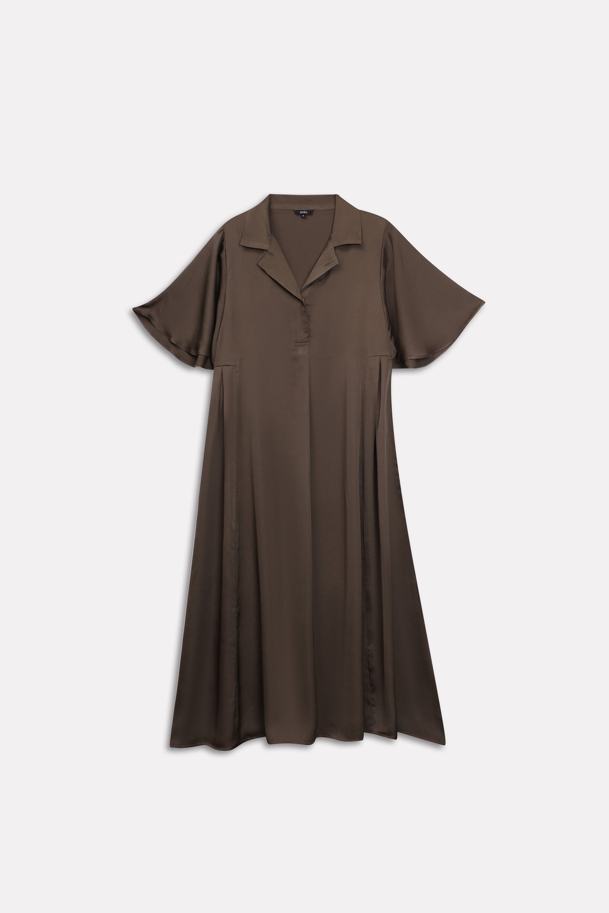 Close-up detail on the olive green (deep olive) relaxed midi dress, by SOLA Pakistan.