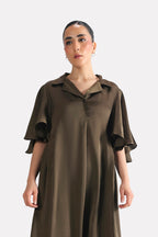 Flat lay of the olive green (deep olive) relaxed midi dress, by SOLA Pakistan.