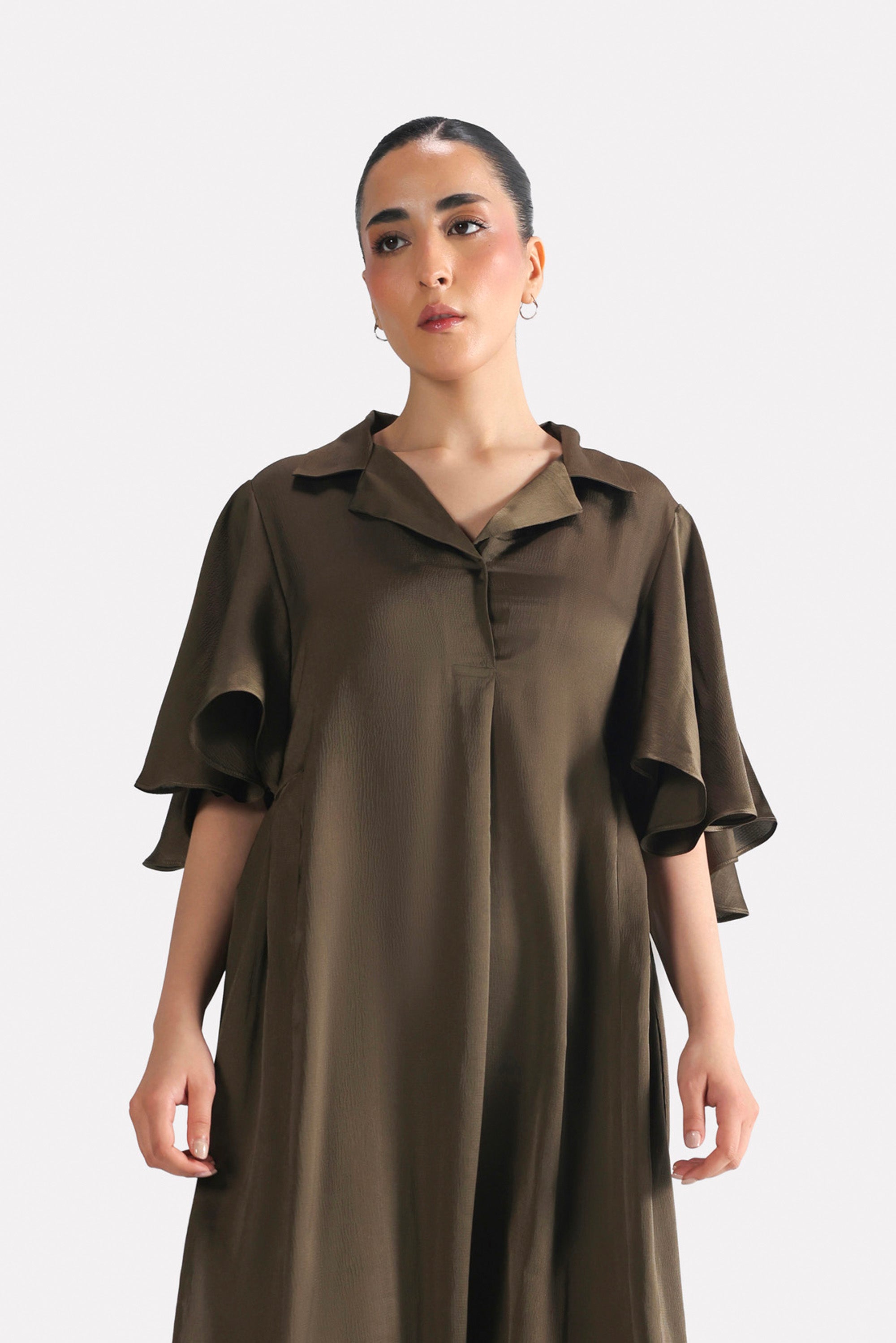 Flat lay of the olive green (deep olive) relaxed midi dress, by SOLA Pakistan.