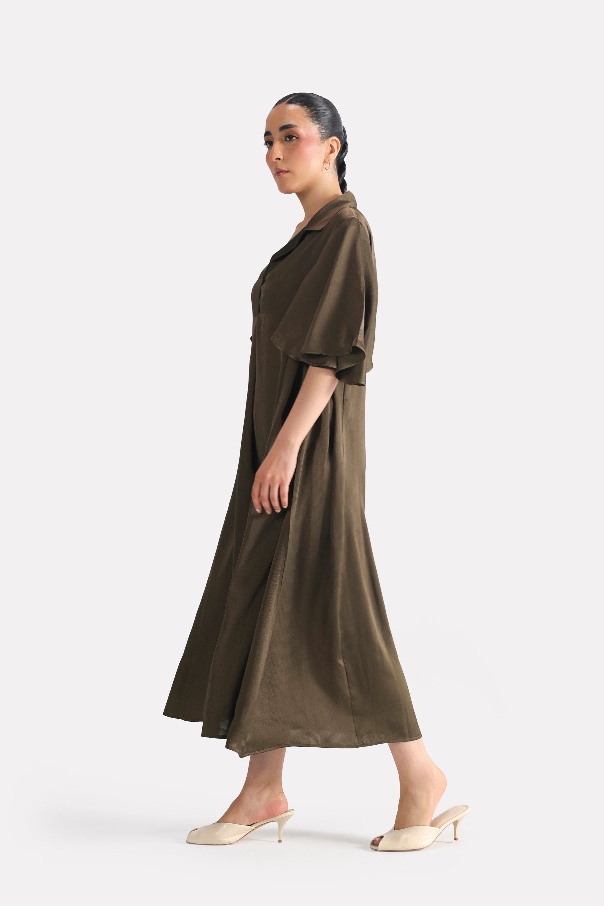Olive green (deep olive) relaxed midi dress, full styled look, by SOLA Pakistan.
