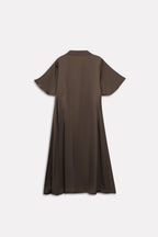 Olive green (deep olive) relaxed midi dress shown in a styled fit, by SOLA Pakistan.