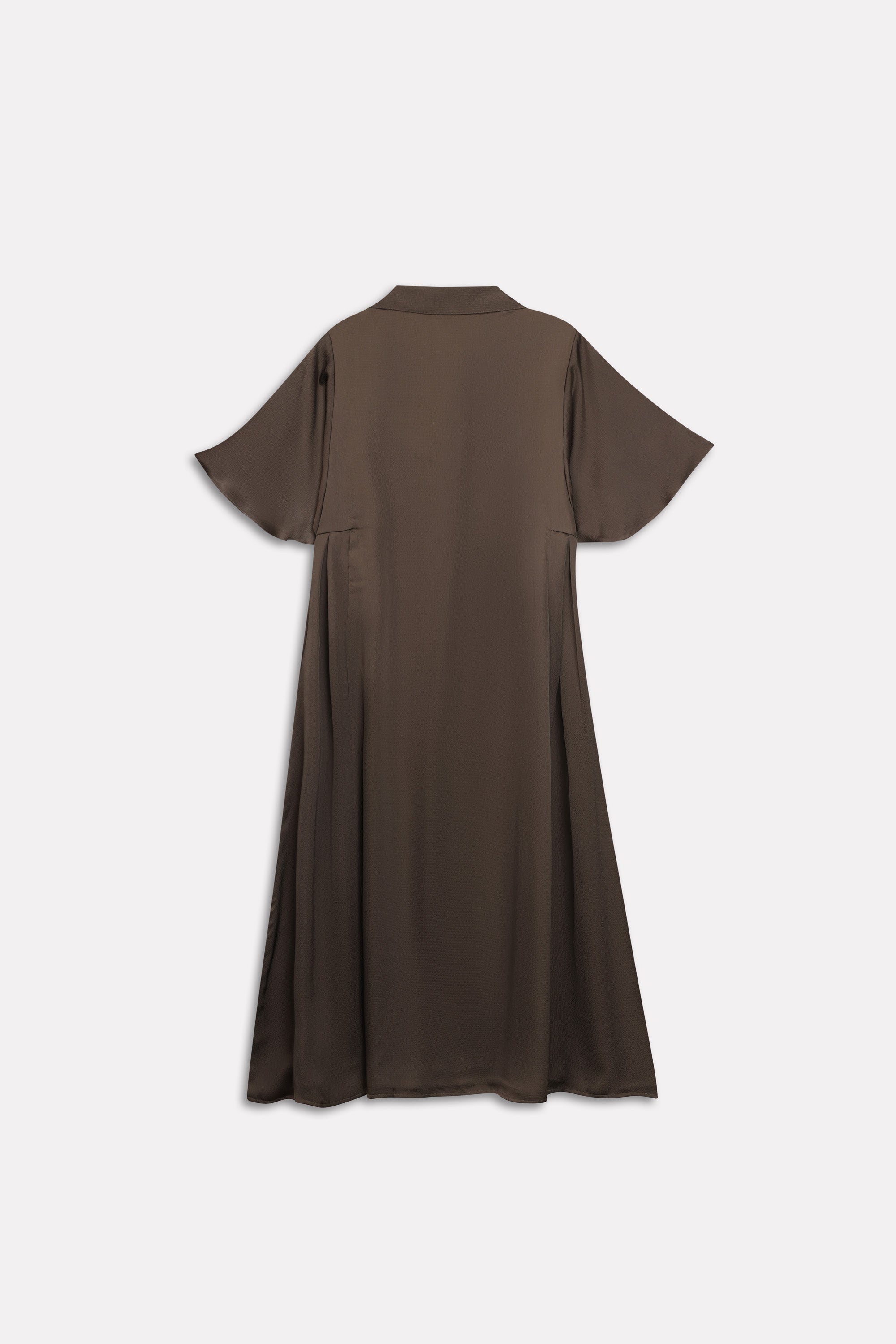 Olive green (deep olive) relaxed midi dress shown in a styled fit, by SOLA Pakistan.