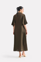 Texture and fabric detail, olive green (deep olive) relaxed midi dress, by SOLA Pakistan.
