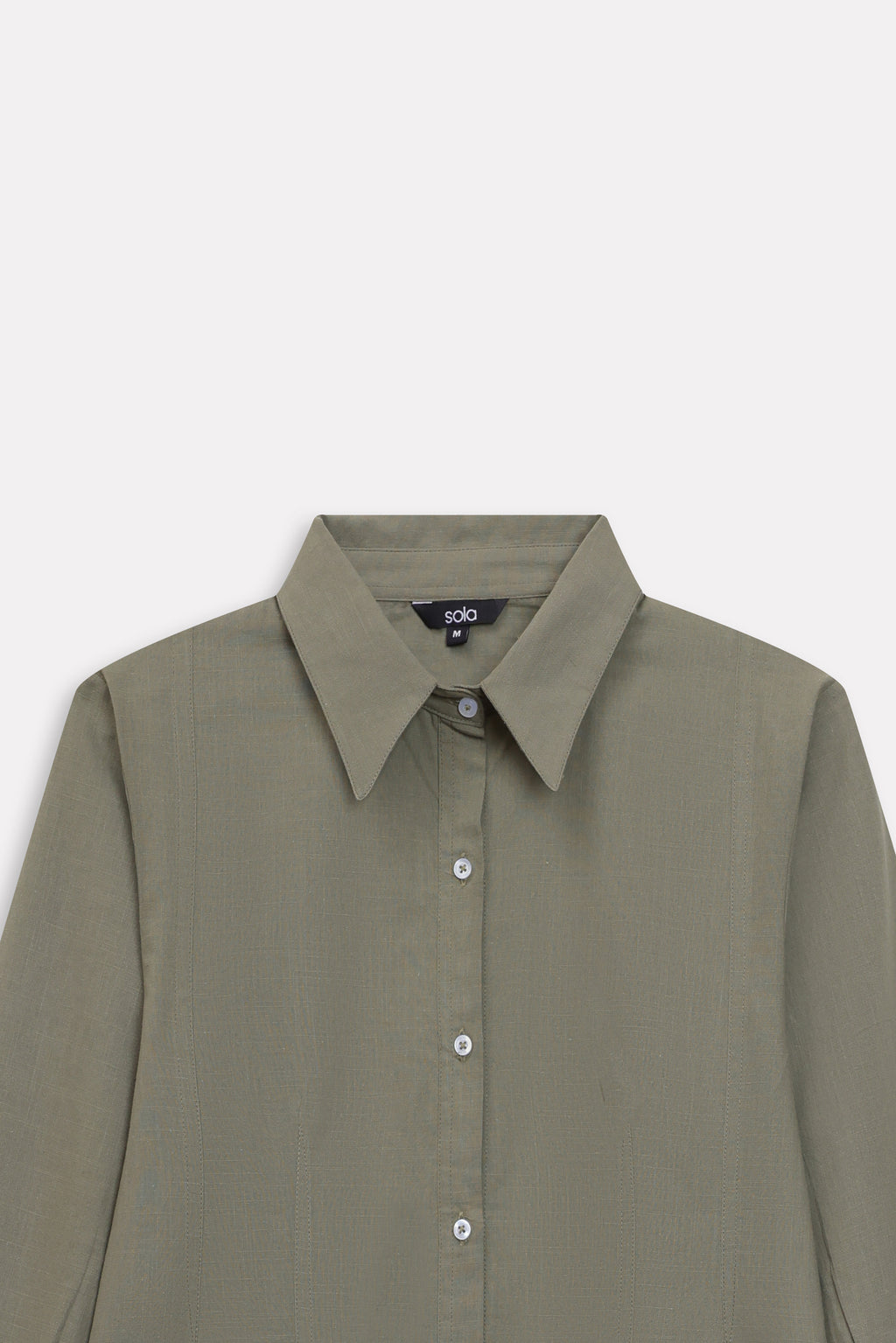 Additional view of the olive refined pleated woven shirt, by SOLA Pakistan.