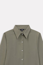 Additional view of the olive refined pleated woven shirt, by SOLA Pakistan.