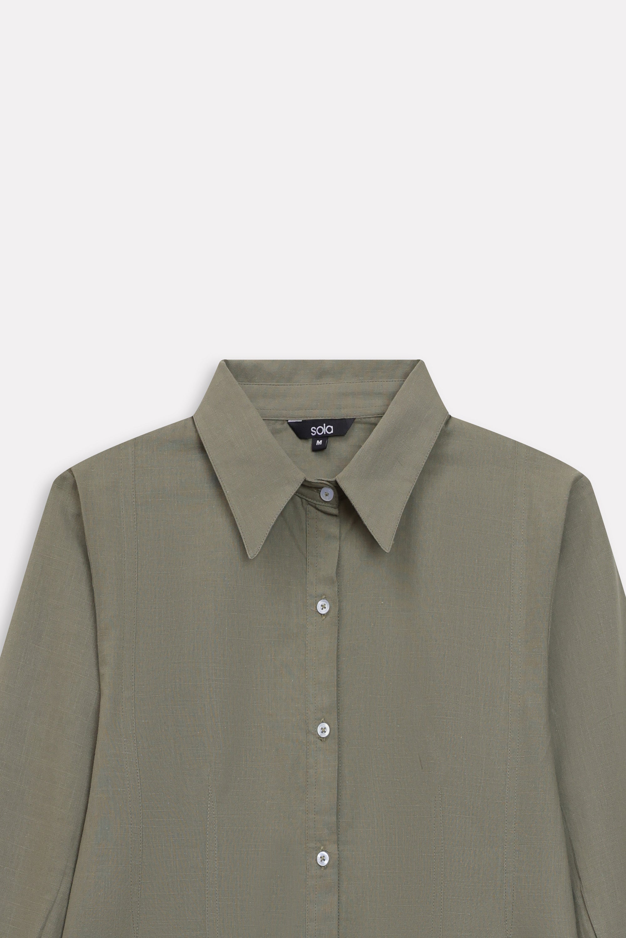 Additional view of the olive refined pleated woven shirt, by SOLA Pakistan.