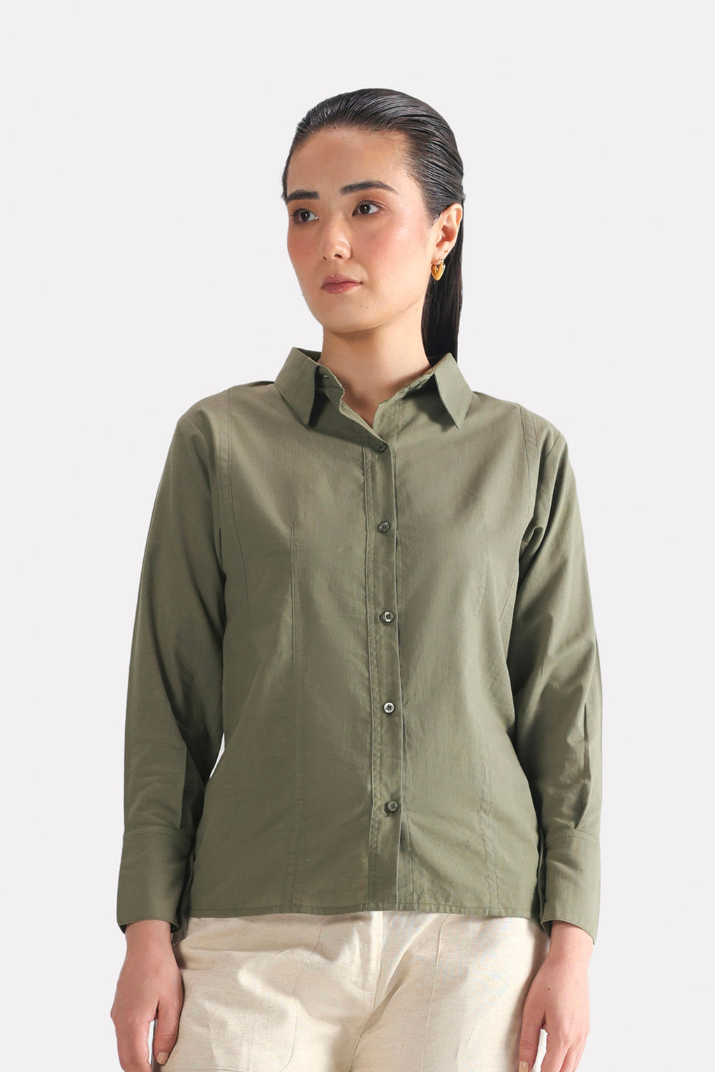 Additional view of the olive refined pleated woven shirt, by SOLA Pakistan.
