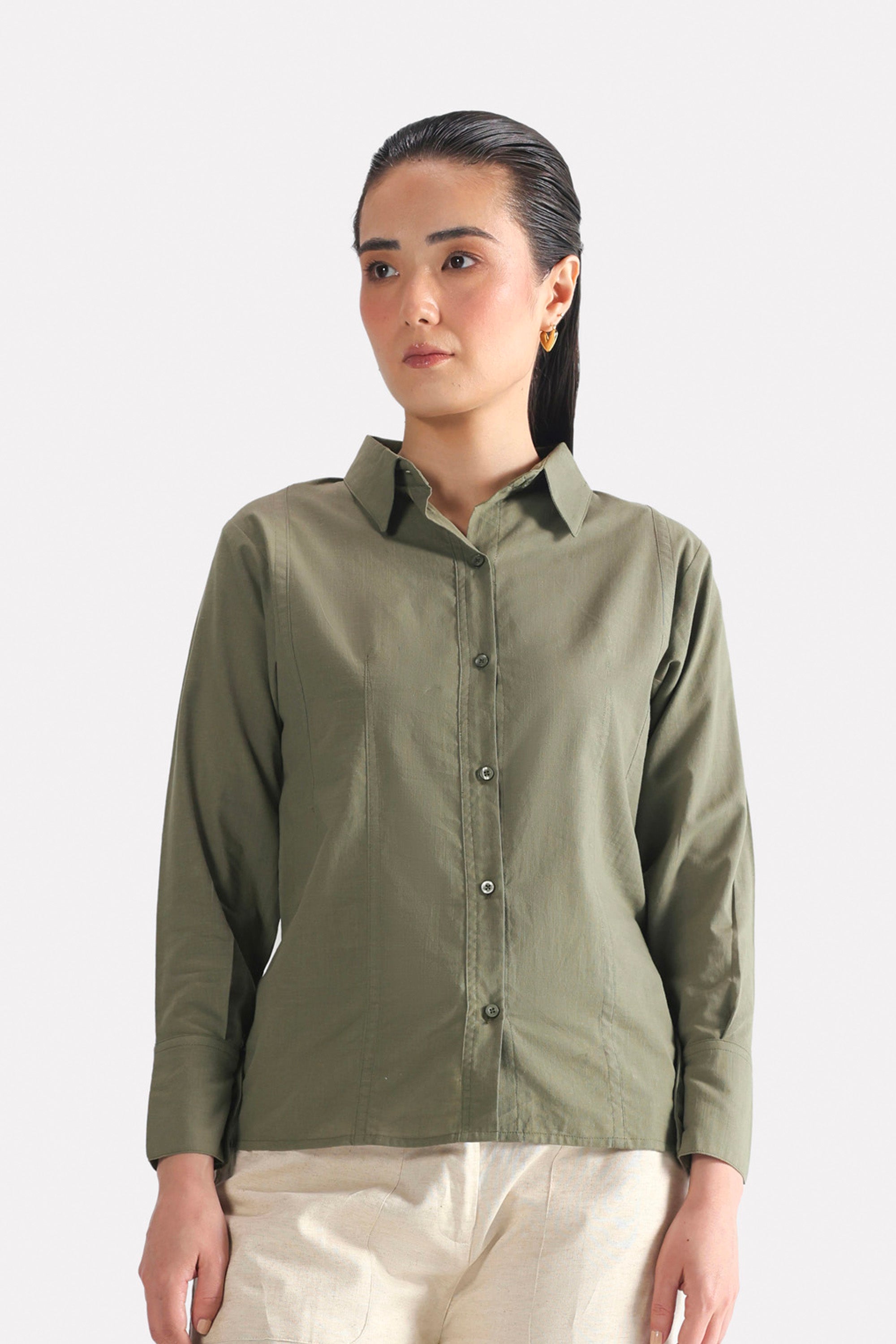 Additional view of the olive refined pleated woven shirt, by SOLA Pakistan.