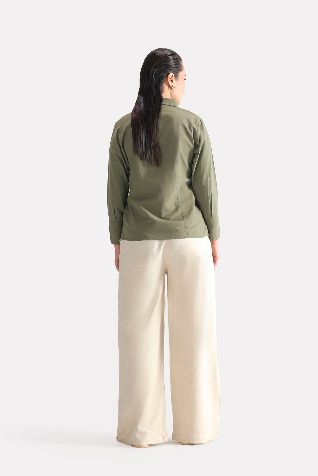 Olive refined pleated woven shirt, alternate angle, by SOLA Pakistan.