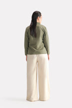 Olive refined pleated woven shirt, alternate angle, by SOLA Pakistan.