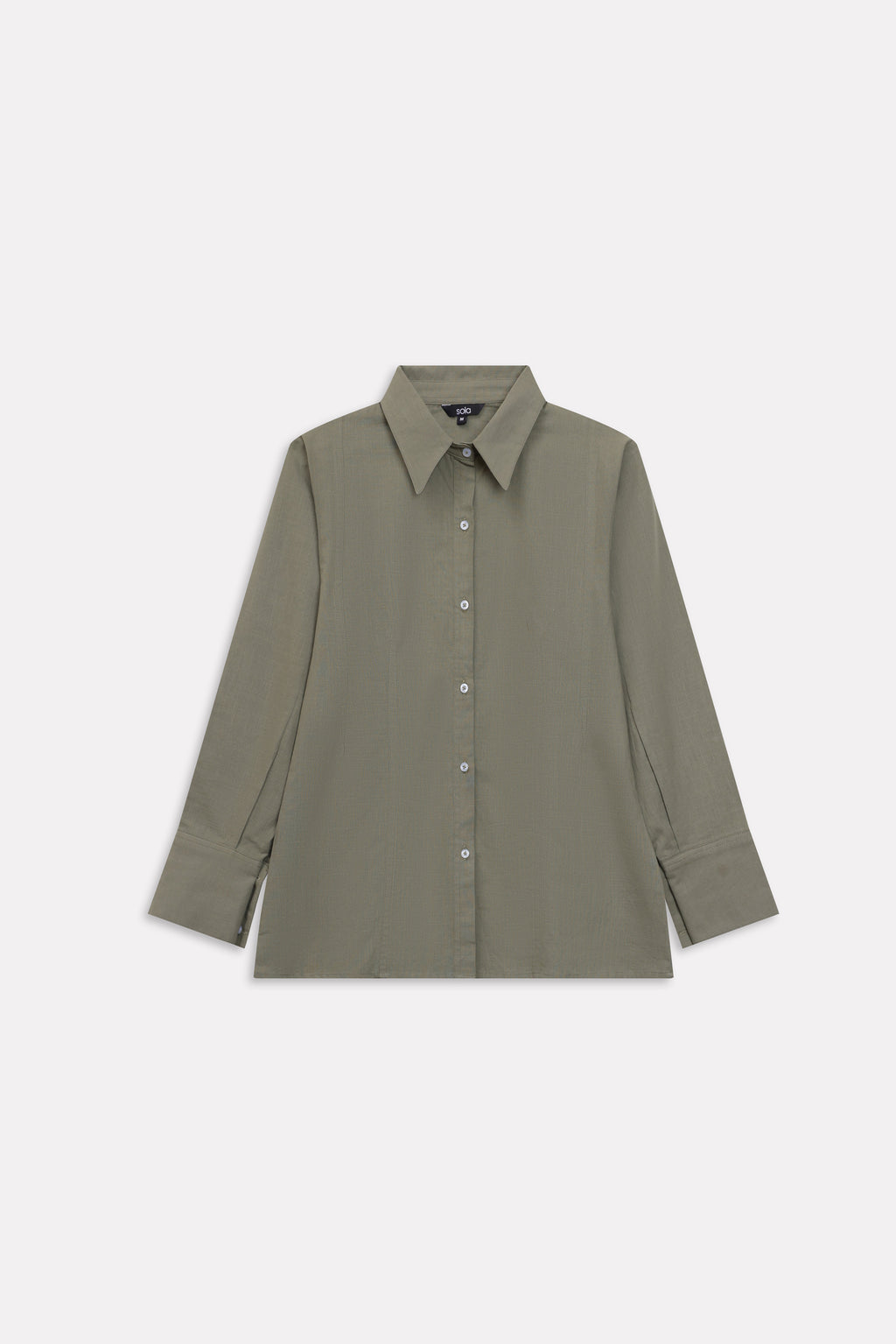 Close-up detail on the olive refined pleated woven shirt, by SOLA Pakistan.