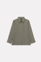 Close-up detail on the olive refined pleated woven shirt, by SOLA Pakistan.