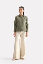 Olive refined pleated woven shirt, full styled look, by SOLA Pakistan.
