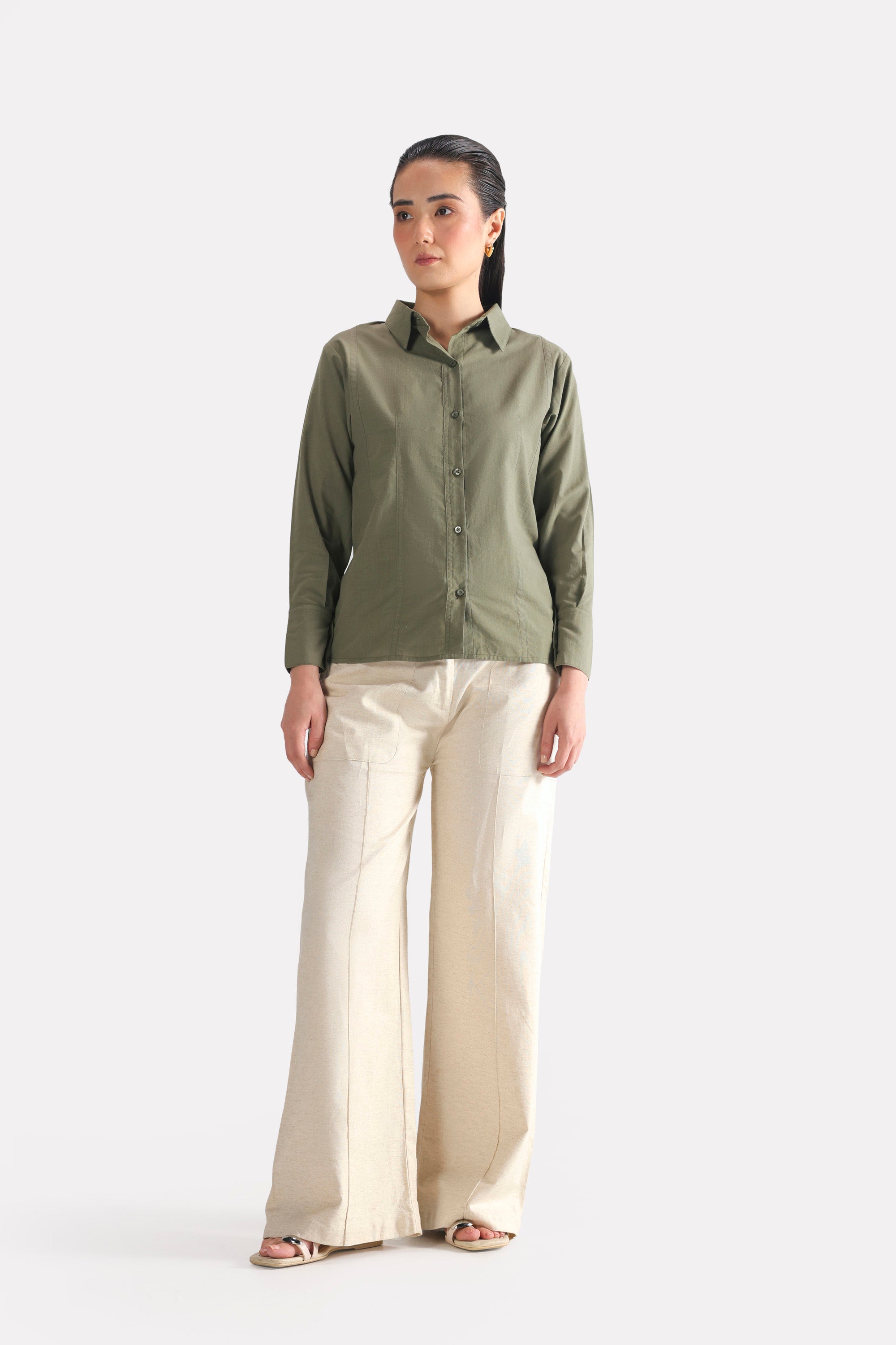 Olive refined pleated woven shirt, full styled look, by SOLA Pakistan.