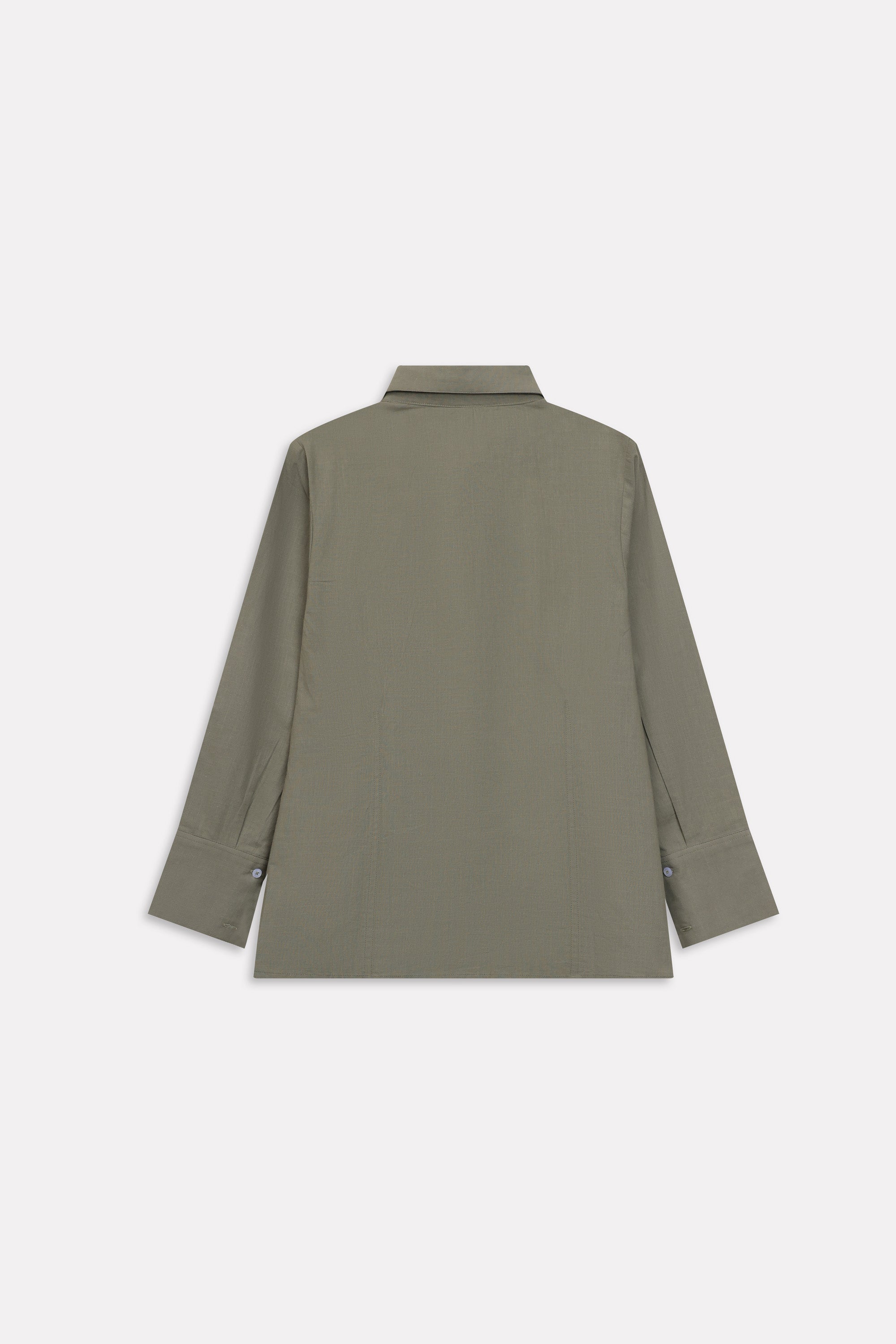 Olive refined pleated woven shirt shown in a styled fit, by SOLA Pakistan.