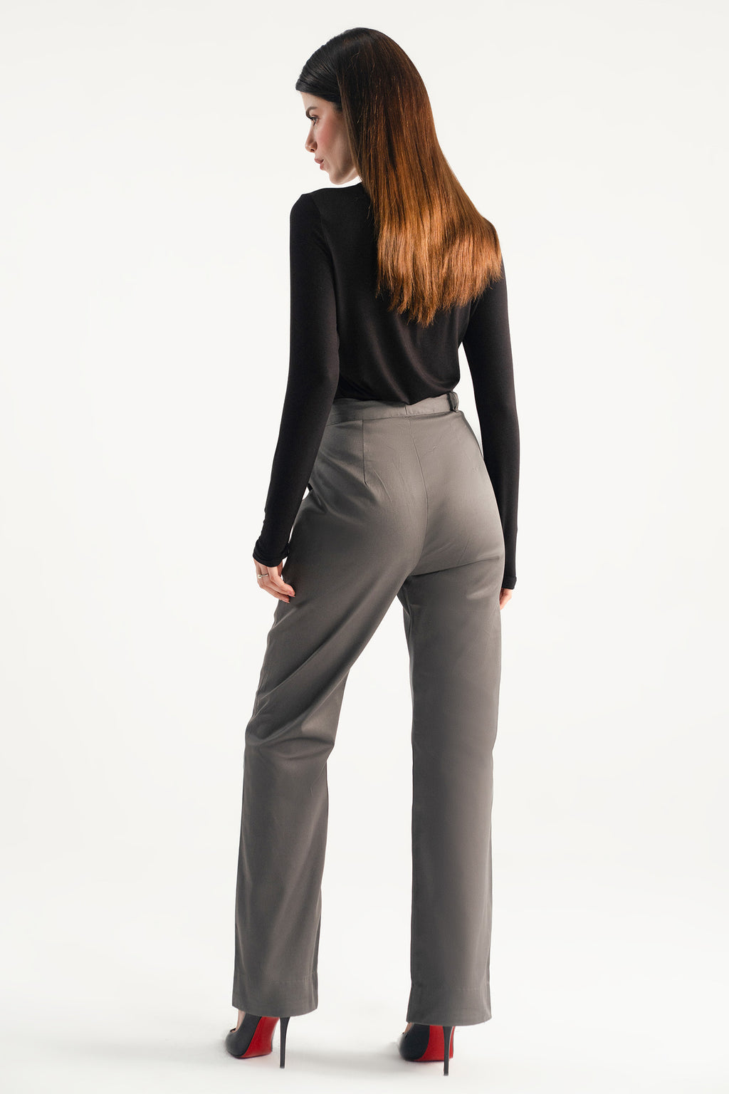 Onyx grey high waisted wide leg tailored trouser, alternate angle, by SOLA Pakistan.