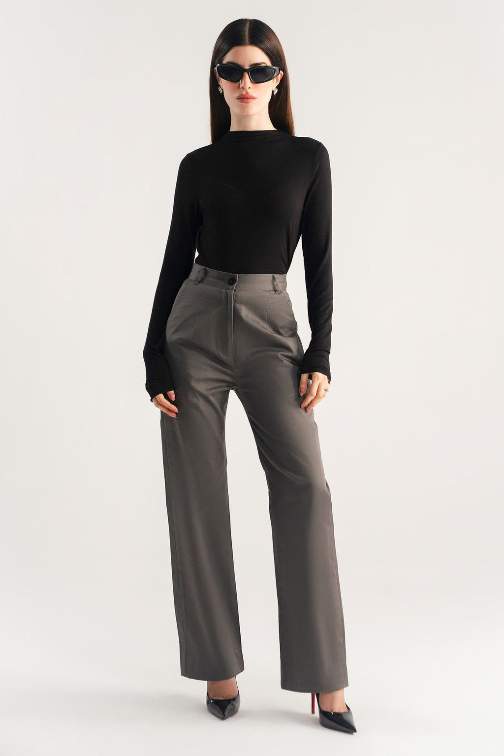 Onyx grey high waisted wide leg tailored trouser, full styled look, by SOLA Pakistan.