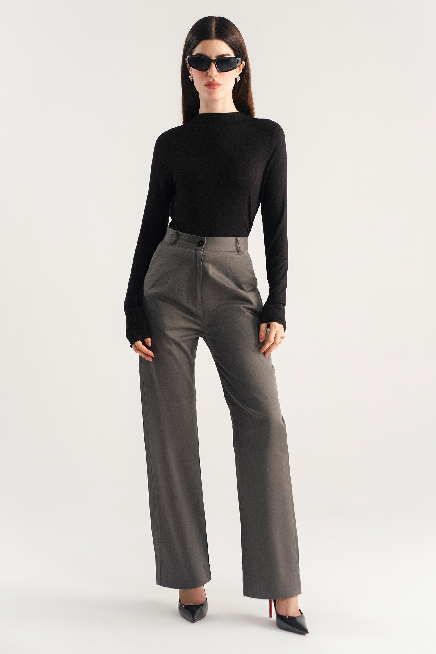 Onyx grey high waisted wide leg tailored trouser, full styled look, by SOLA Pakistan.