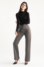 Onyx grey high waisted wide leg tailored trouser shown in a styled fit, by SOLA Pakistan.