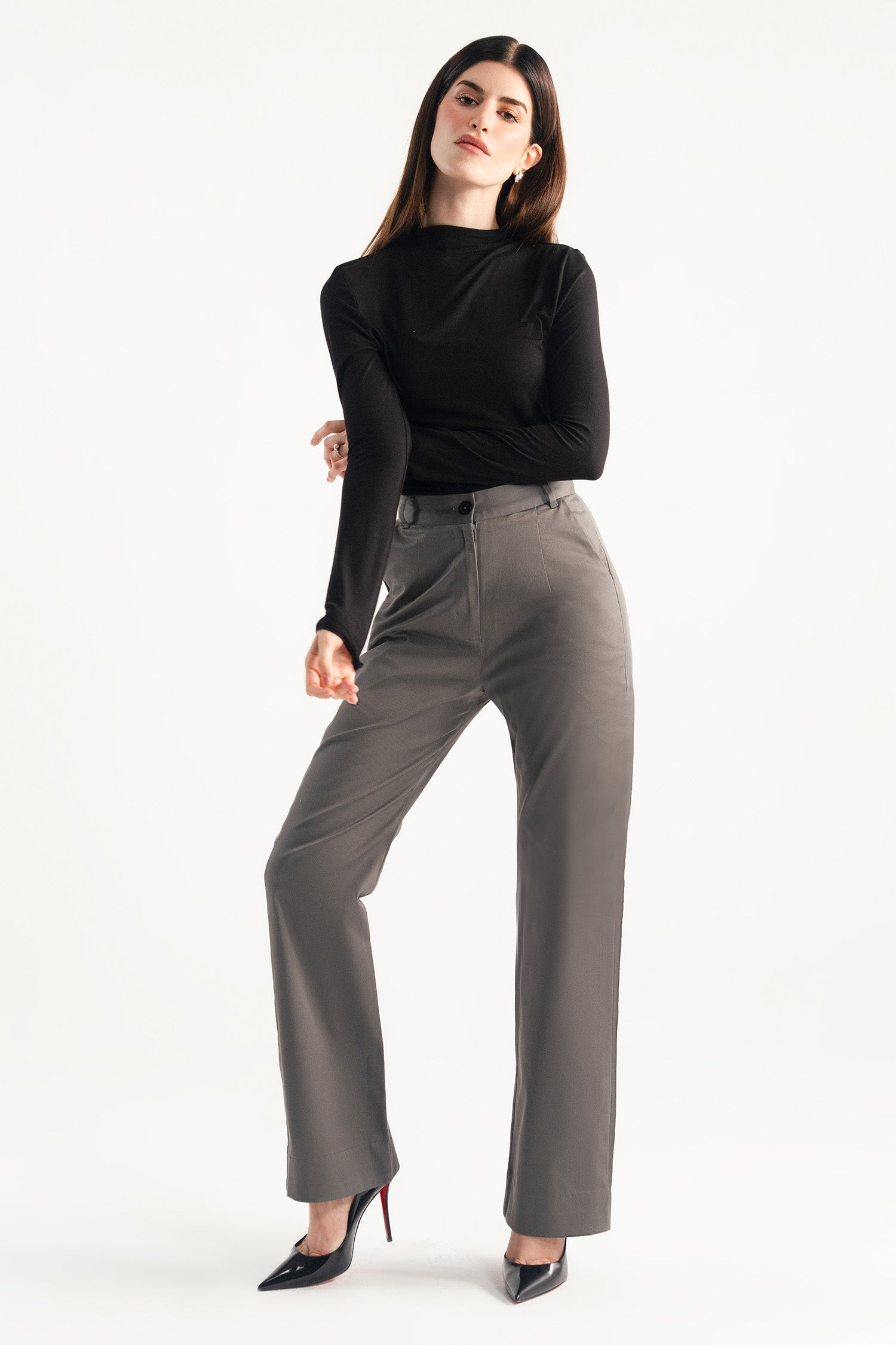 Onyx grey high waisted wide leg tailored trouser shown in a styled fit, by SOLA Pakistan.