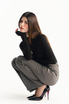 Texture and fabric detail, onyx grey high waisted wide leg tailored trouser, by SOLA Pakistan.