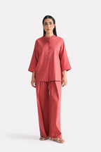 Peach (apricot) loop & lounge top, full styled look, by SOLA Pakistan.