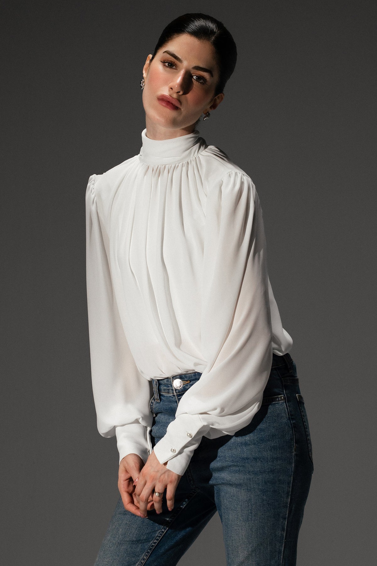 Pearl white gathered highneck blouse, full styled look, by SOLA Pakistan.