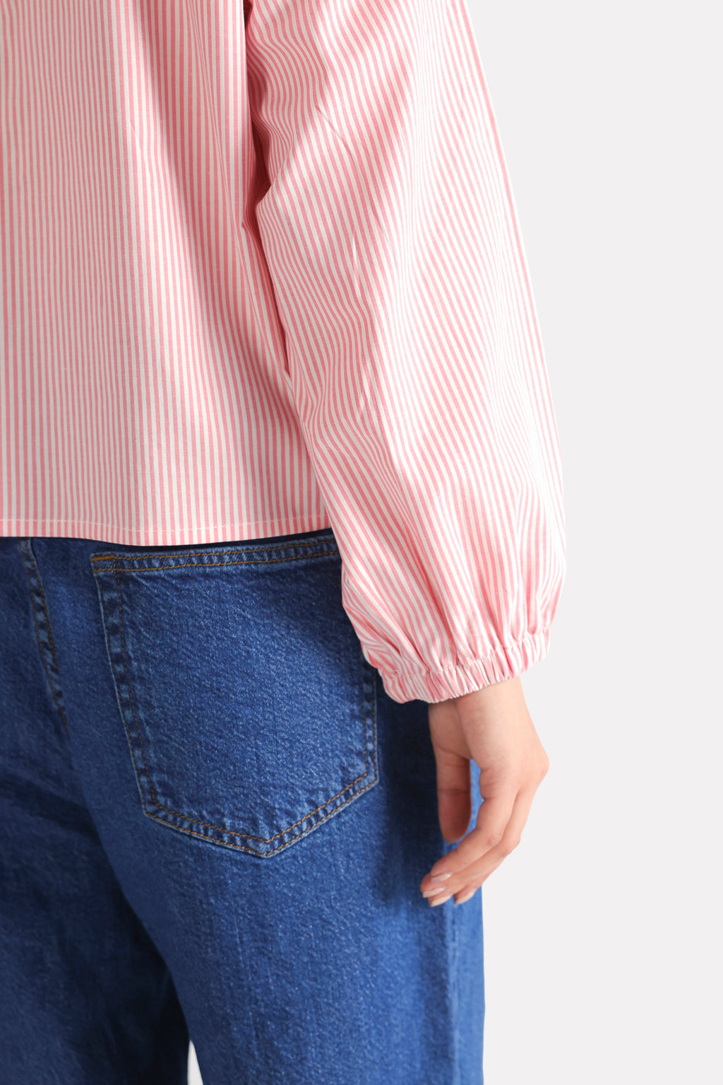Pink & white stripe striped chic shacket, alternate angle, by SOLA Pakistan.