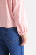 Pink & white stripe striped chic shacket, alternate angle, by SOLA Pakistan.