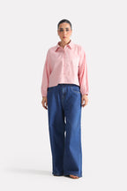Pink & white stripe striped chic shacket, full styled look, by SOLA Pakistan.