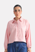 Pink & white stripe striped chic shacket in cotton, worn by a model, by SOLA Pakistan.