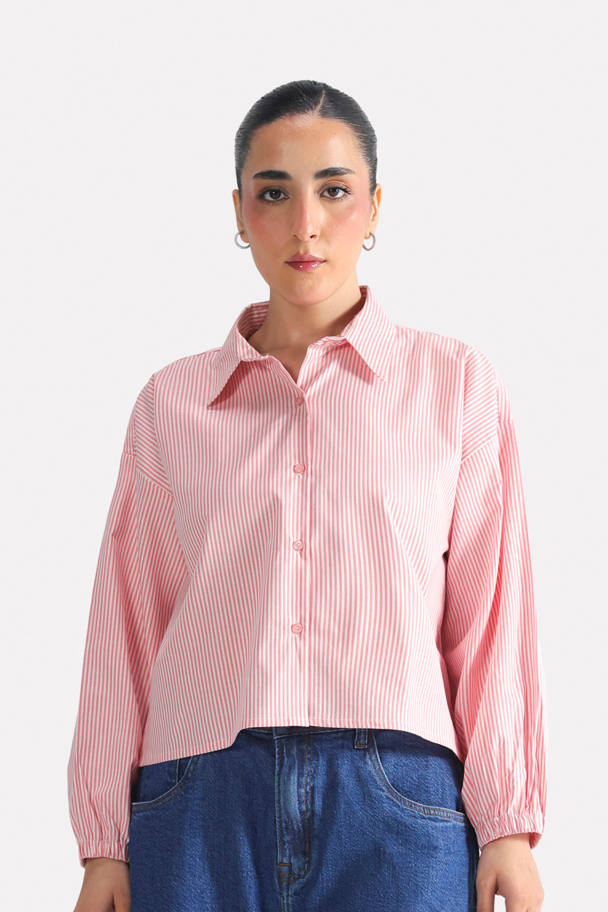 Pink & white stripe striped chic shacket in cotton, worn by a model, by SOLA Pakistan.