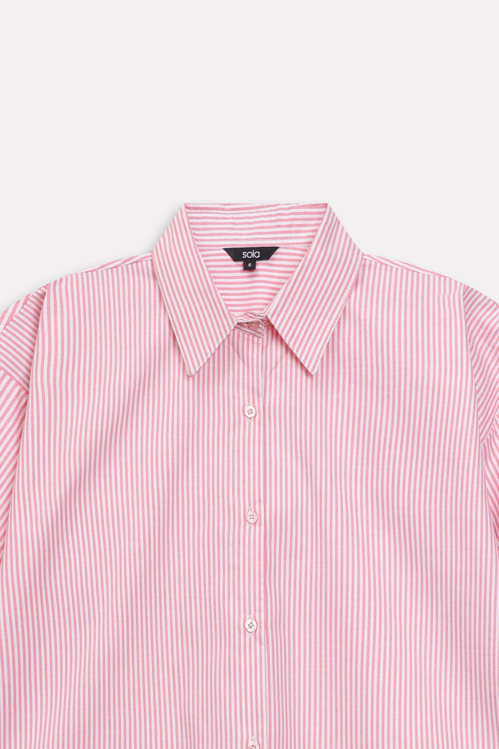 Texture and fabric detail, pink & white stripe striped chic shacket, by SOLA Pakistan.