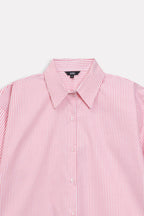 Texture and fabric detail, pink & white stripe striped chic shacket, by SOLA Pakistan.