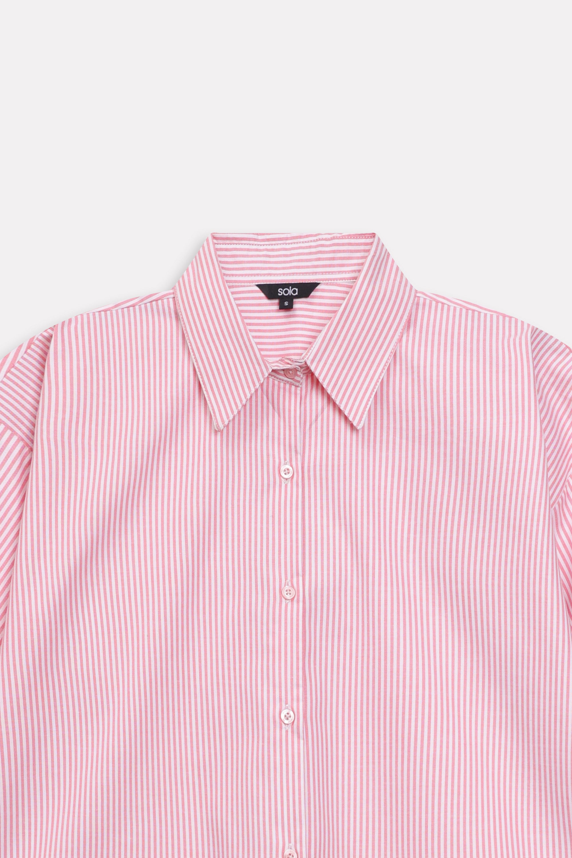 Texture and fabric detail, pink & white stripe striped chic shacket, by SOLA Pakistan.