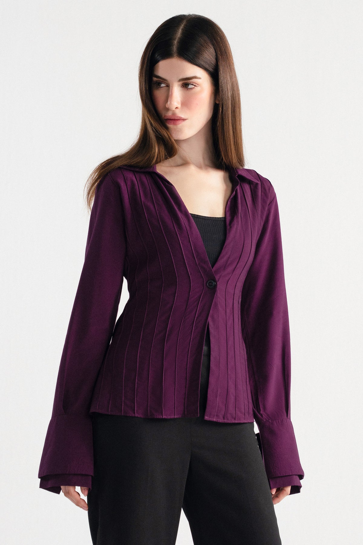 Plum tailored pintuck shirt, alternate angle, by SOLA Pakistan.