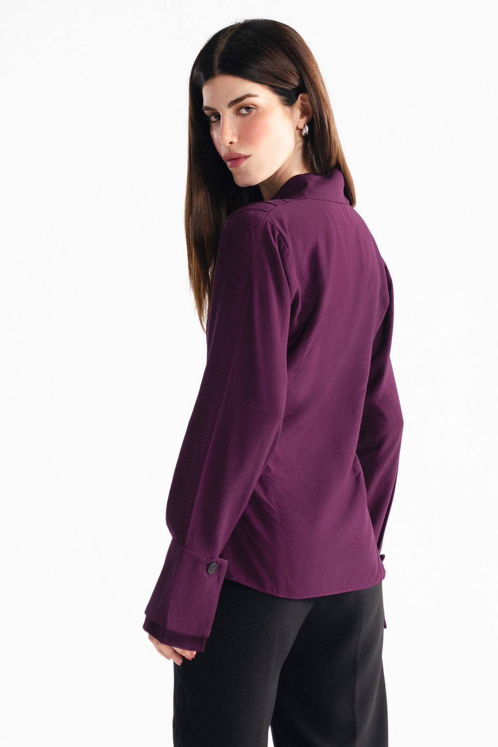 Flat lay of the plum tailored pintuck shirt, by SOLA Pakistan.