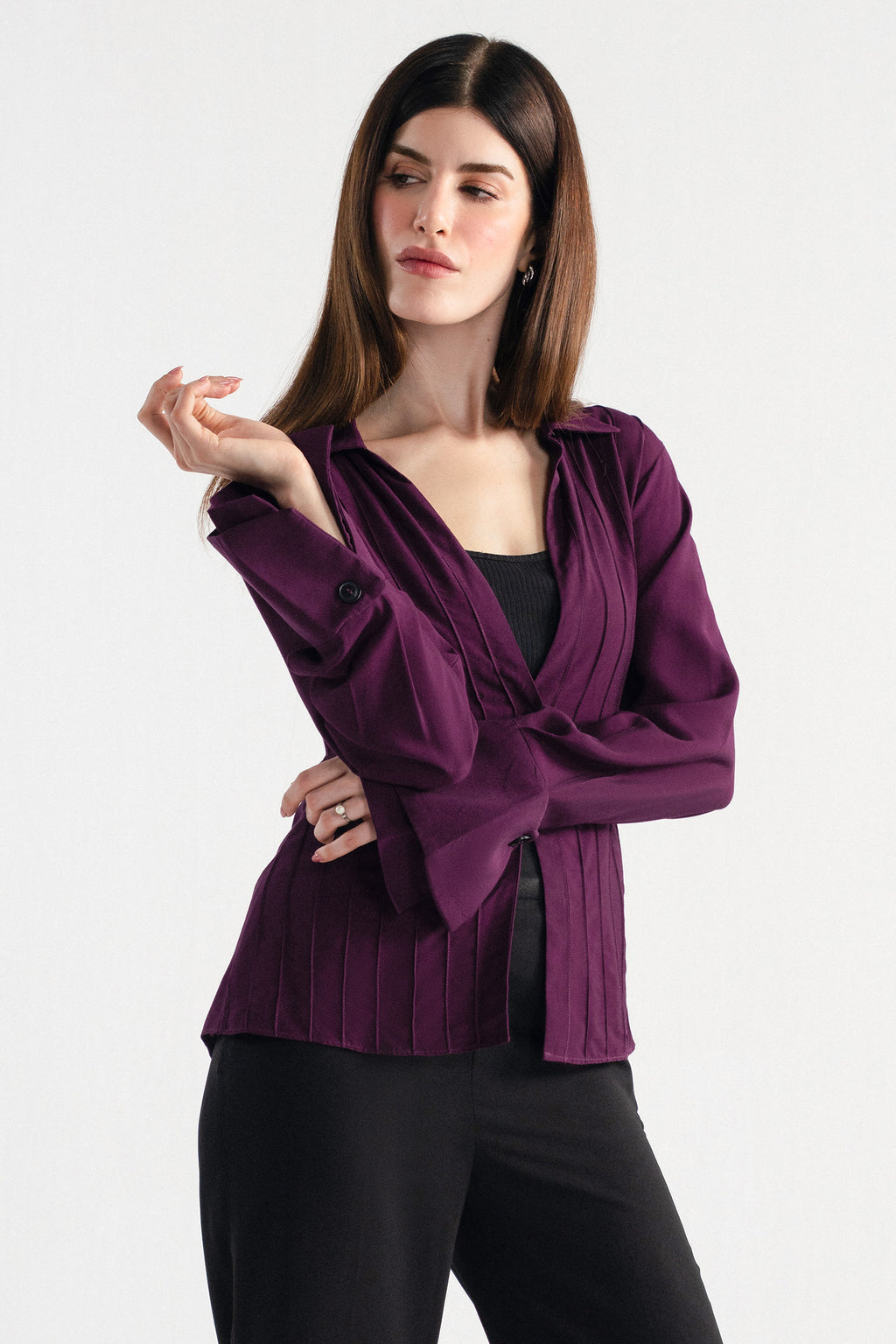 Plum tailored pintuck shirt, full styled look, by SOLA Pakistan.