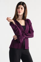 Plum tailored pintuck shirt, full styled look, by SOLA Pakistan.