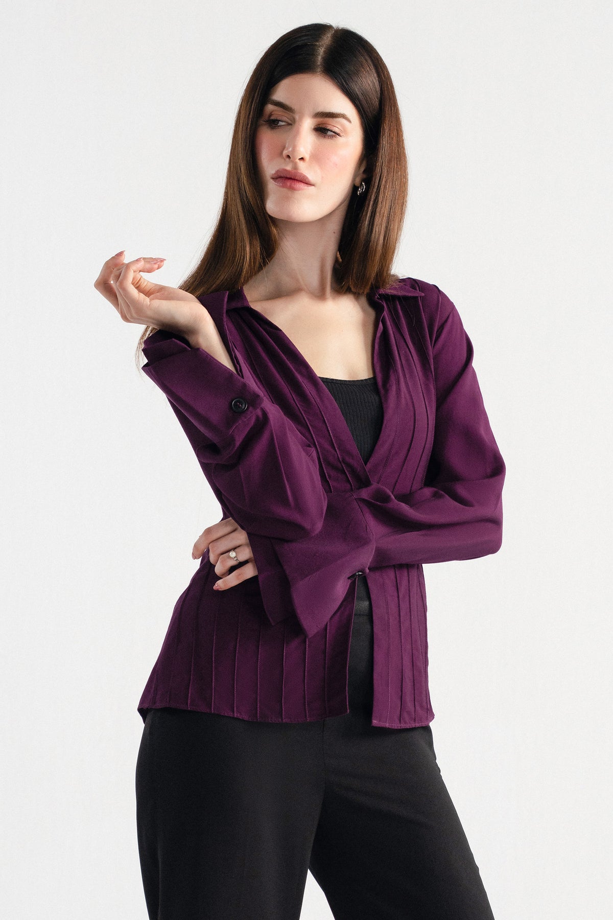 Plum tailored pintuck shirt, full styled look, by SOLA Pakistan.